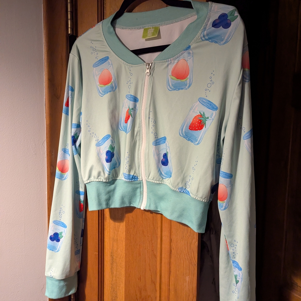 Mint Fruit Jar Print Cropped Zip Jacket